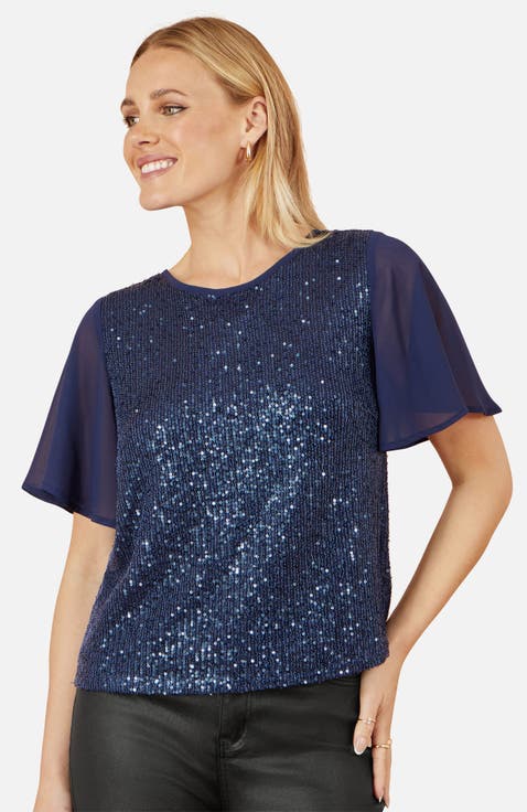 Sheer Short Sleeve Sequin Top