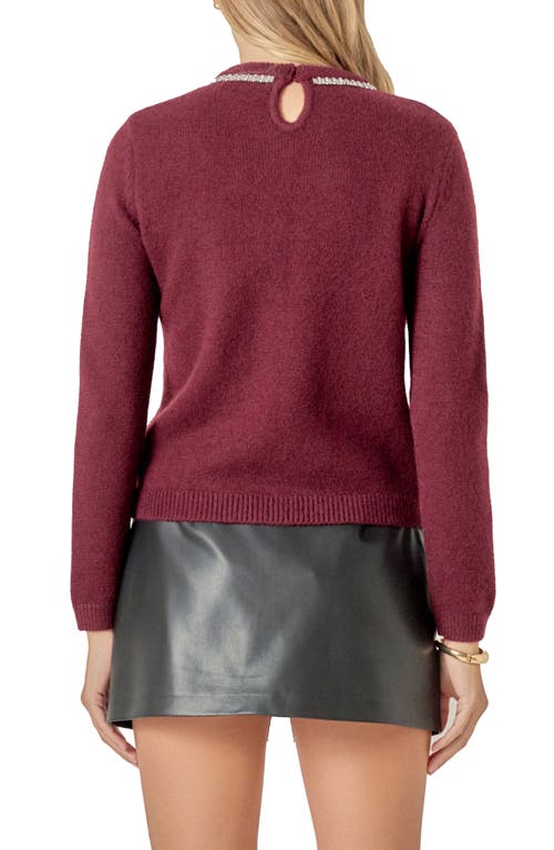 English Factory Rhinestone Bow Sweater In Burgundy