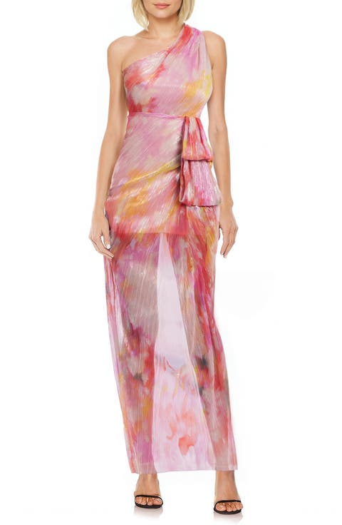 Metallic Abstract Print One-Shoulder Gown
