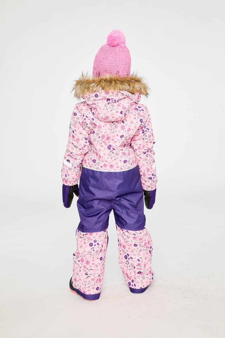 Play Flower Faux Fur Hood & Expandable Sleeve One Piece Snowsuit, Alternate, color, Pink Printed Mini Flowers