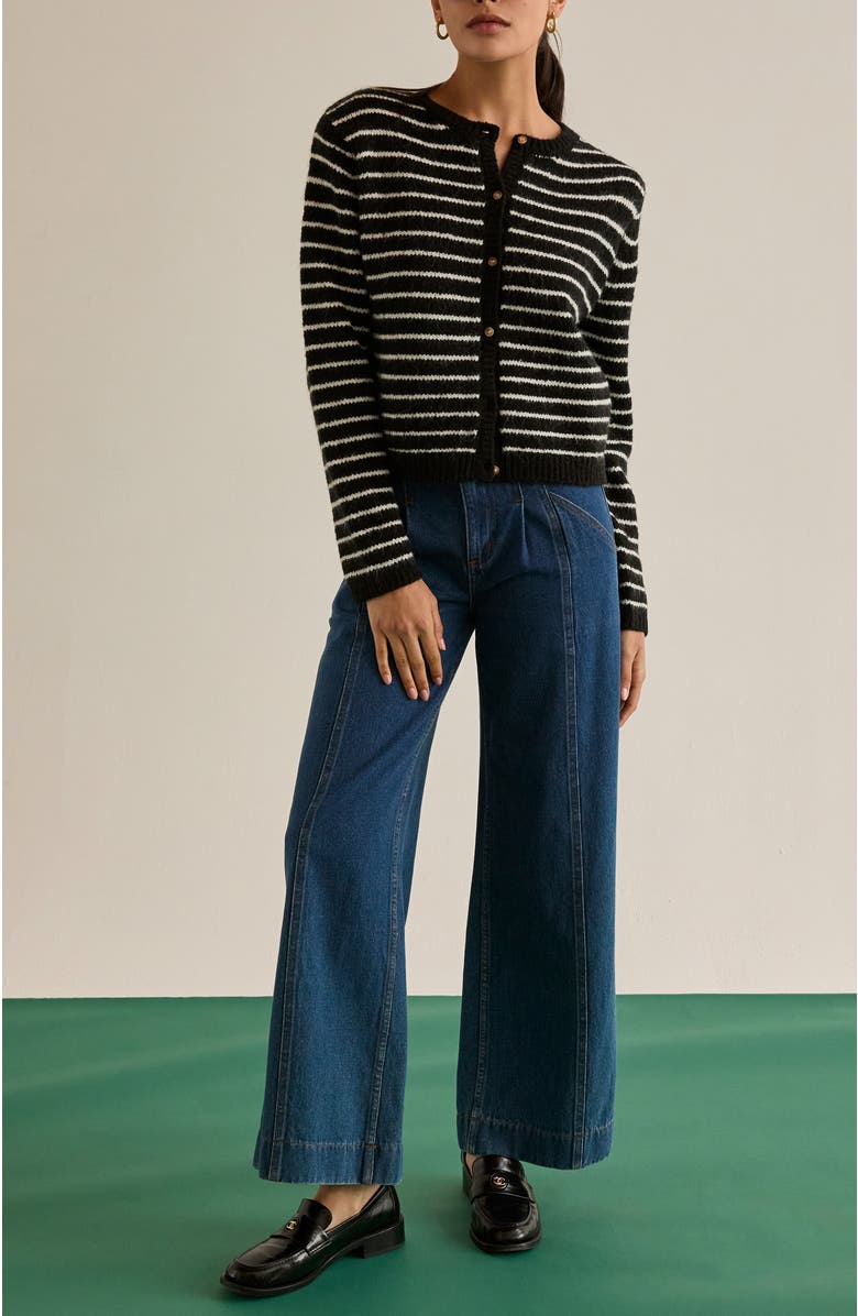 CRESCENT Crew Neck Striped Cardigan, Alternate, color, Black/Ivory