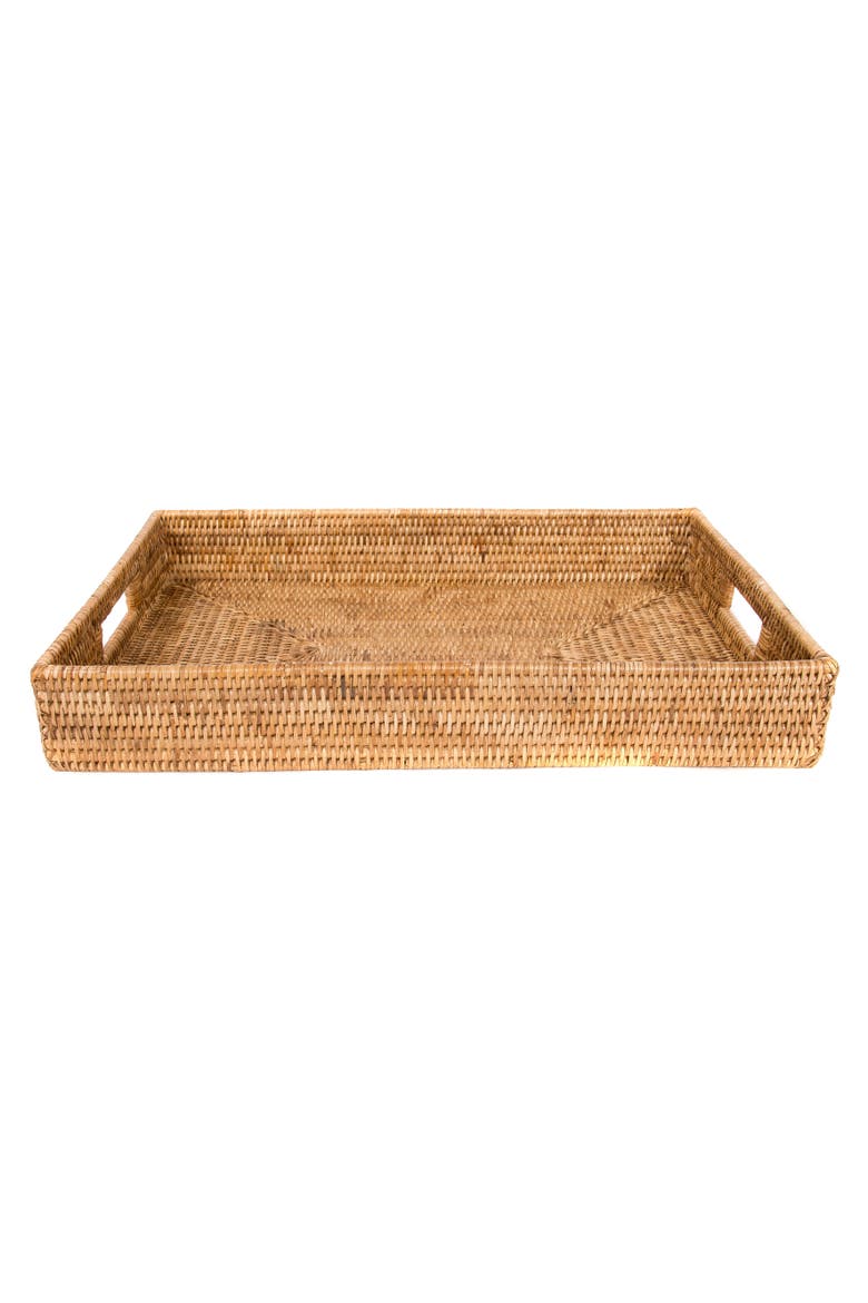Rectangular Rattan Tray with Cutout Handles, Alternate, color, Honey Brown