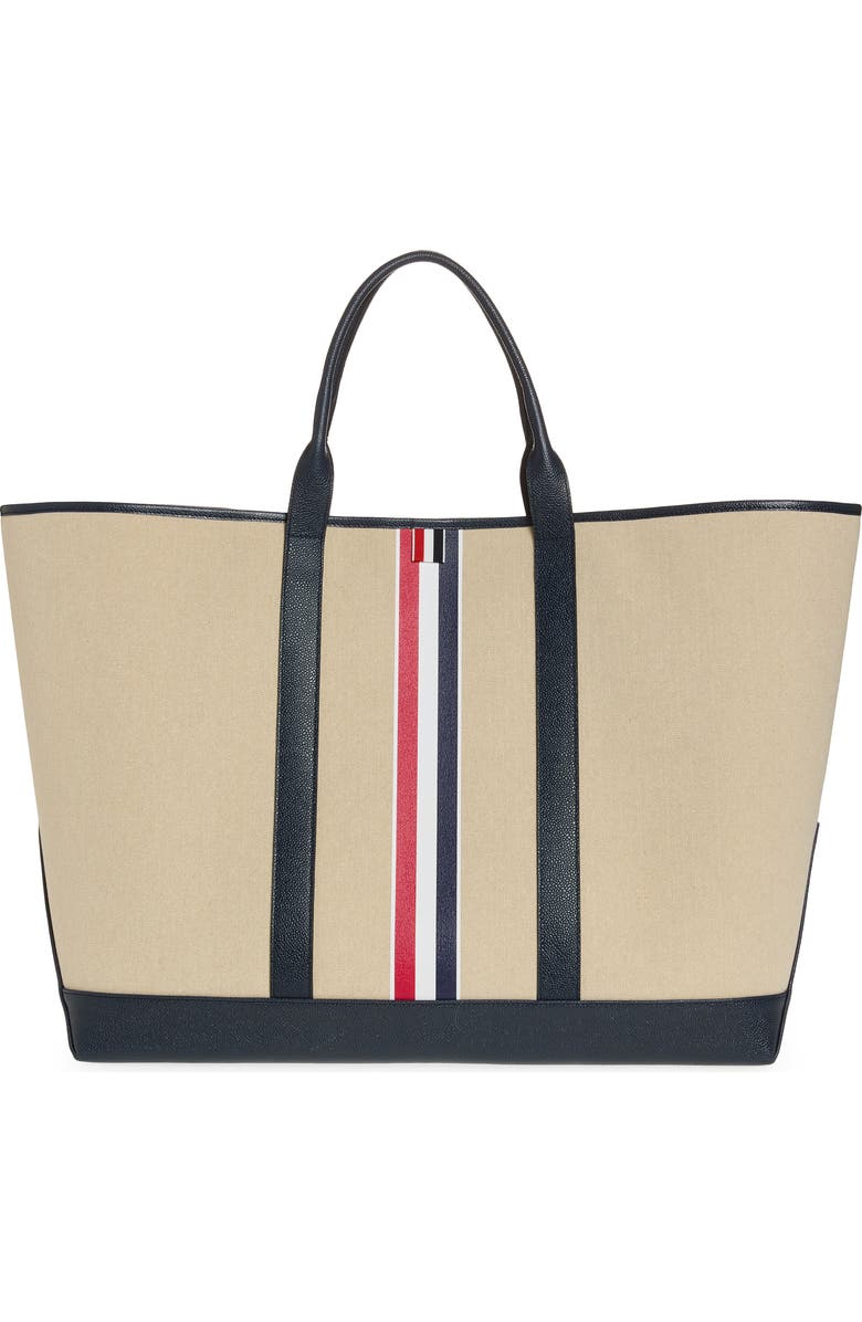 Thom Browne Oversize Canvas & Leather Tool Tote, Main, color, Navy