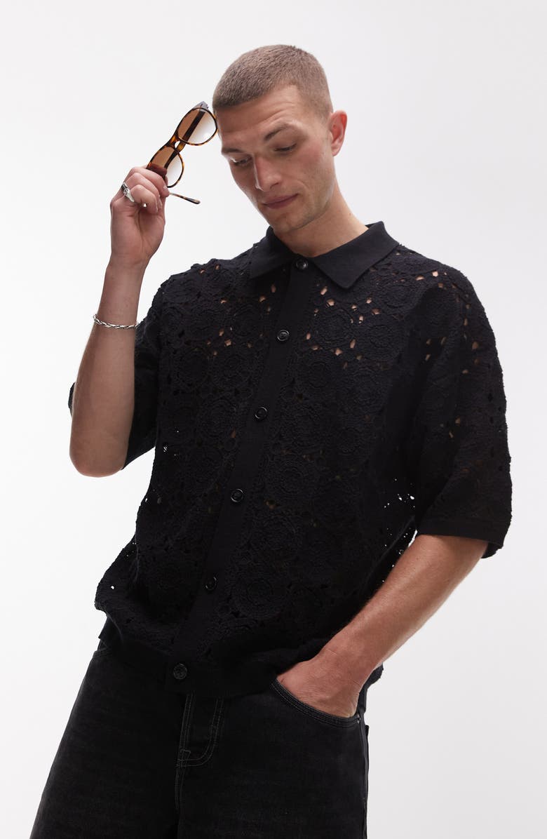 Topman Relaxed Openwork Floral Short Sleeve Button-Up Shirt, Main, color, Black