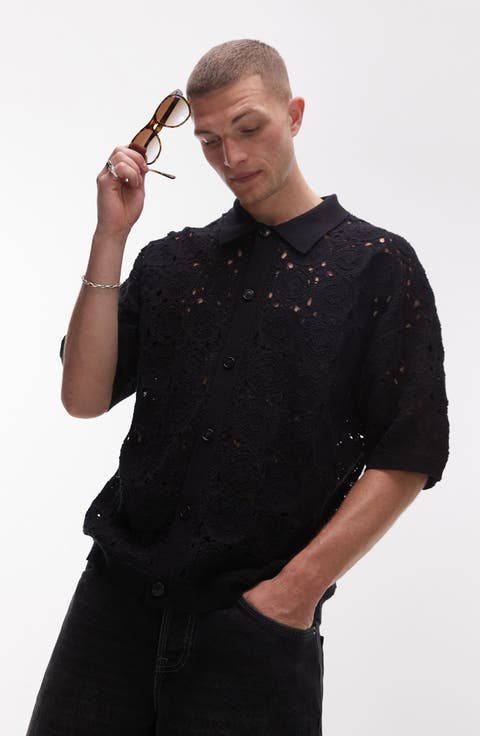 Relaxed Openwork Floral Short Sleeve Button-Up Shirt