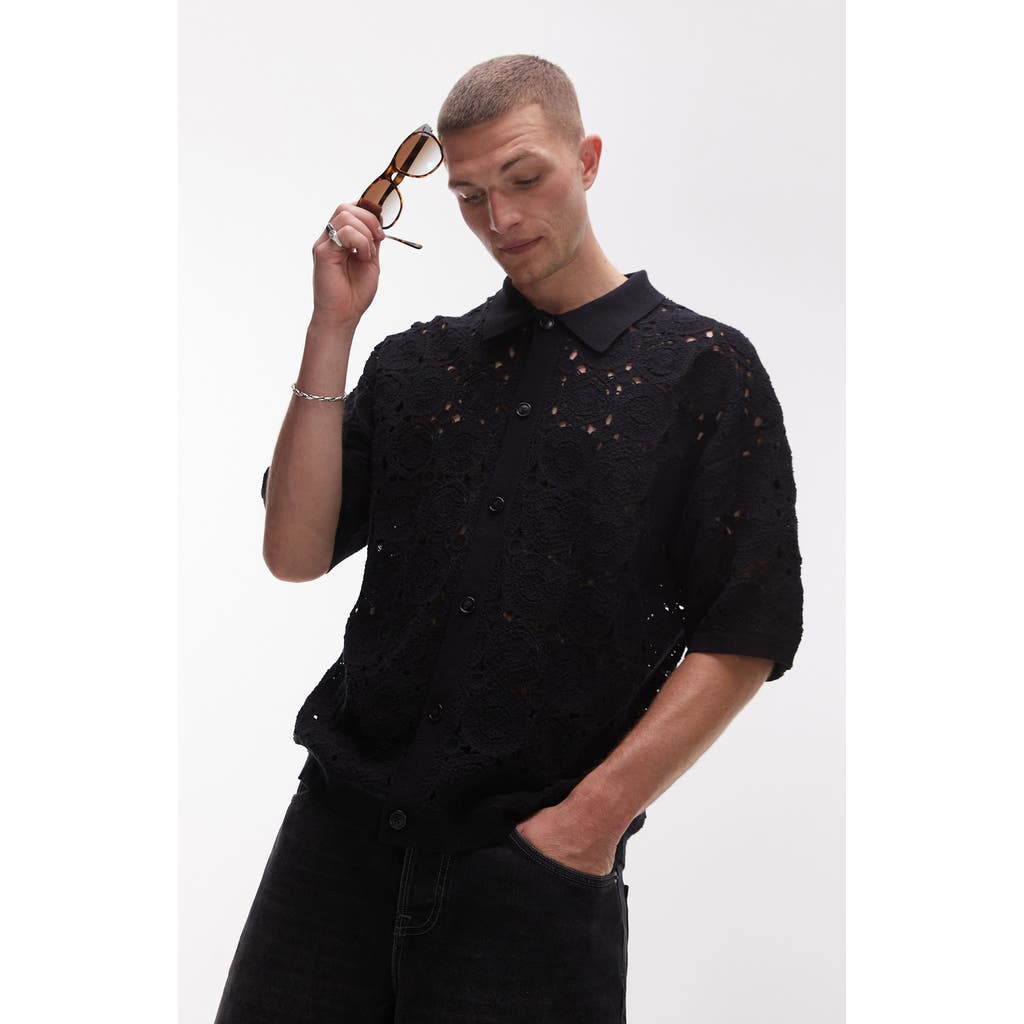 Topman Relaxed Openwork Floral Short Sleeve Button-up Shirt In Black