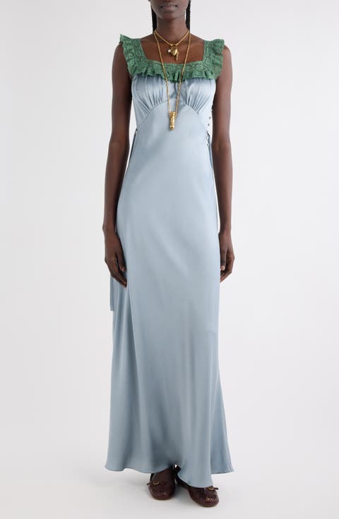 Lace Trim Silk Satin Column Dress