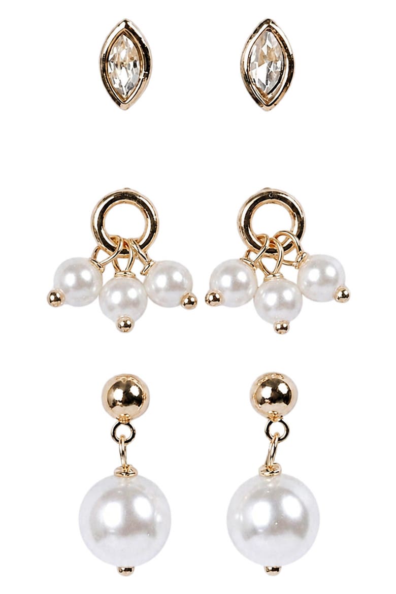 Set of 3 Cubic Zirconia & Imitation Pearl Earrings, Main, color, WHITE MULTI / GOLD