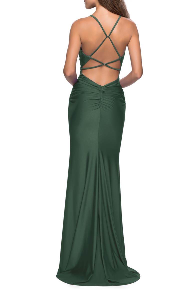 La Femme Form Fitting Jersey Dress with Ruching and Strappy Back, Alternate, color, Emerald