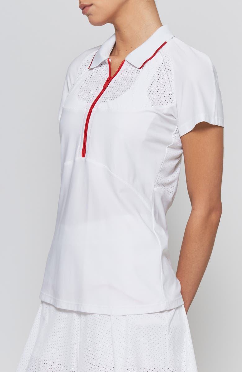 L'ETOILE SPORT MESH ZIP PERFORMANCE POLO, Alternate, color, White With Red Trim