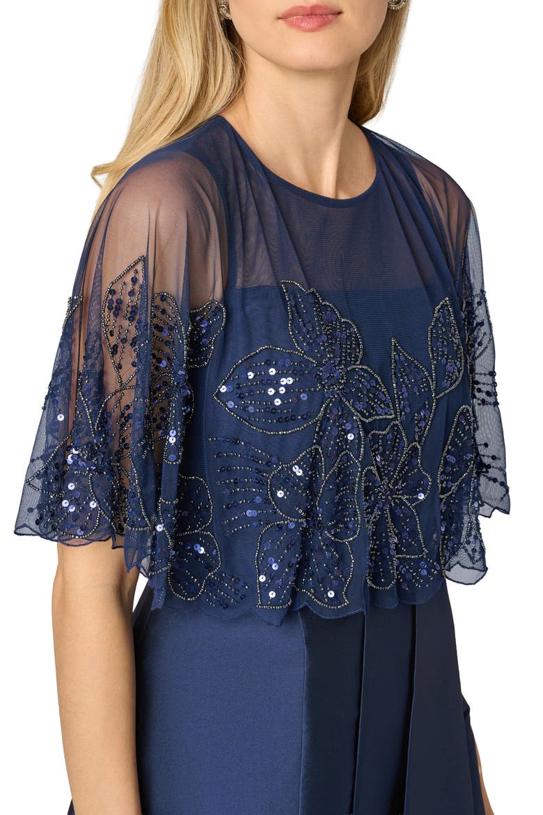Beaded Cape Taffeta Gown, Alternate, color, LIGHT NAVY