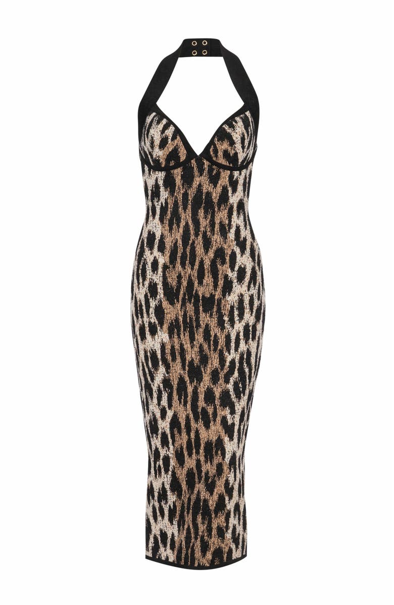 Balmain Halterneck Leopard Print Jacquard Bodycon Dress, Alternate, color,