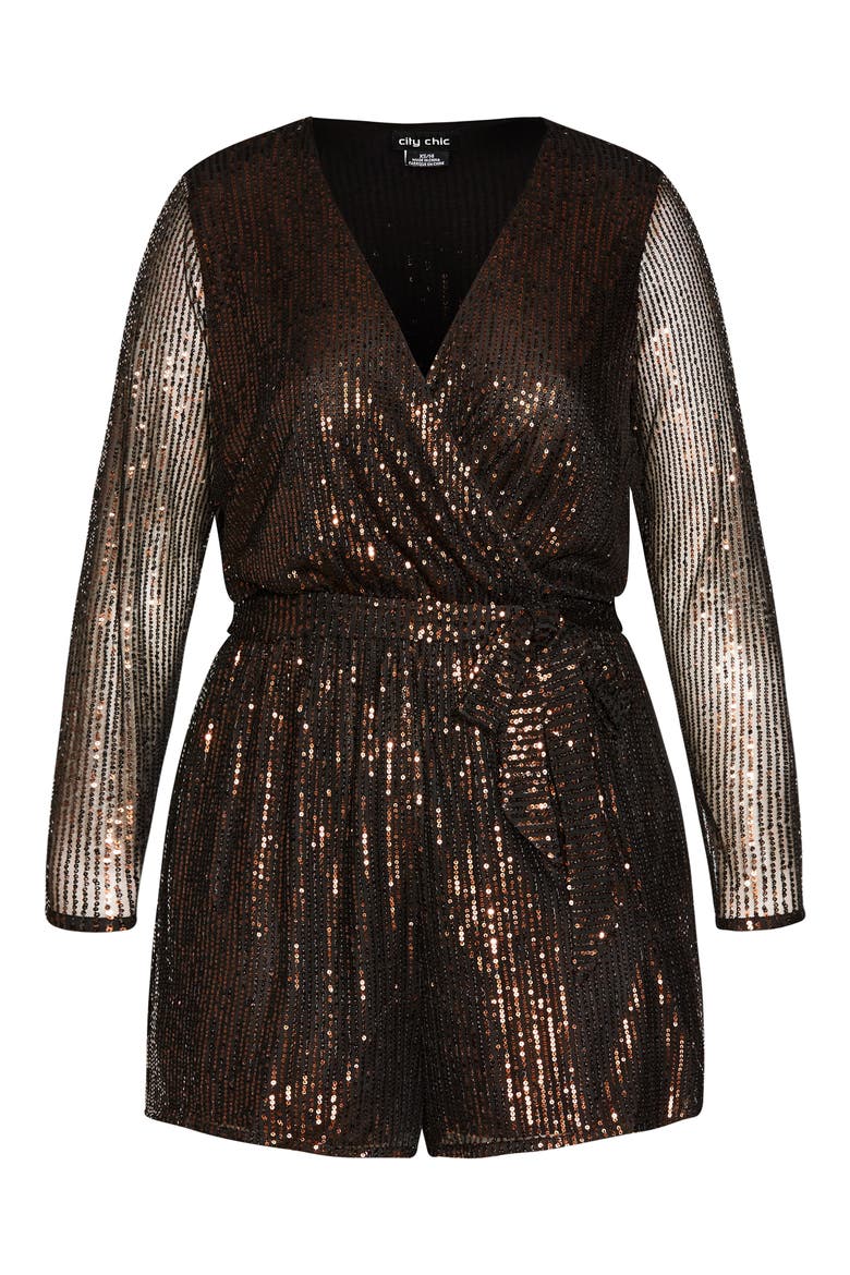 Long Sleeve Sequin Romper, Alternate, color, TOFFEE