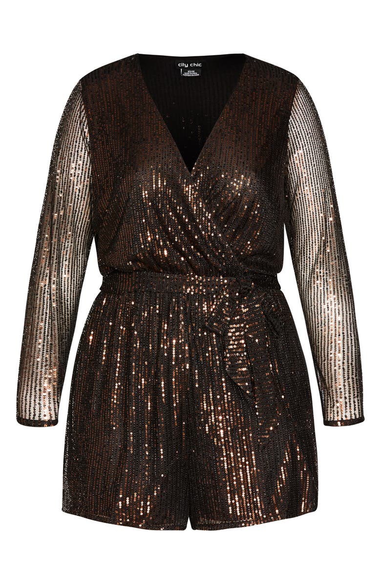 City Chic Long Sleeve Sequin Romper, Main, color, Toffee