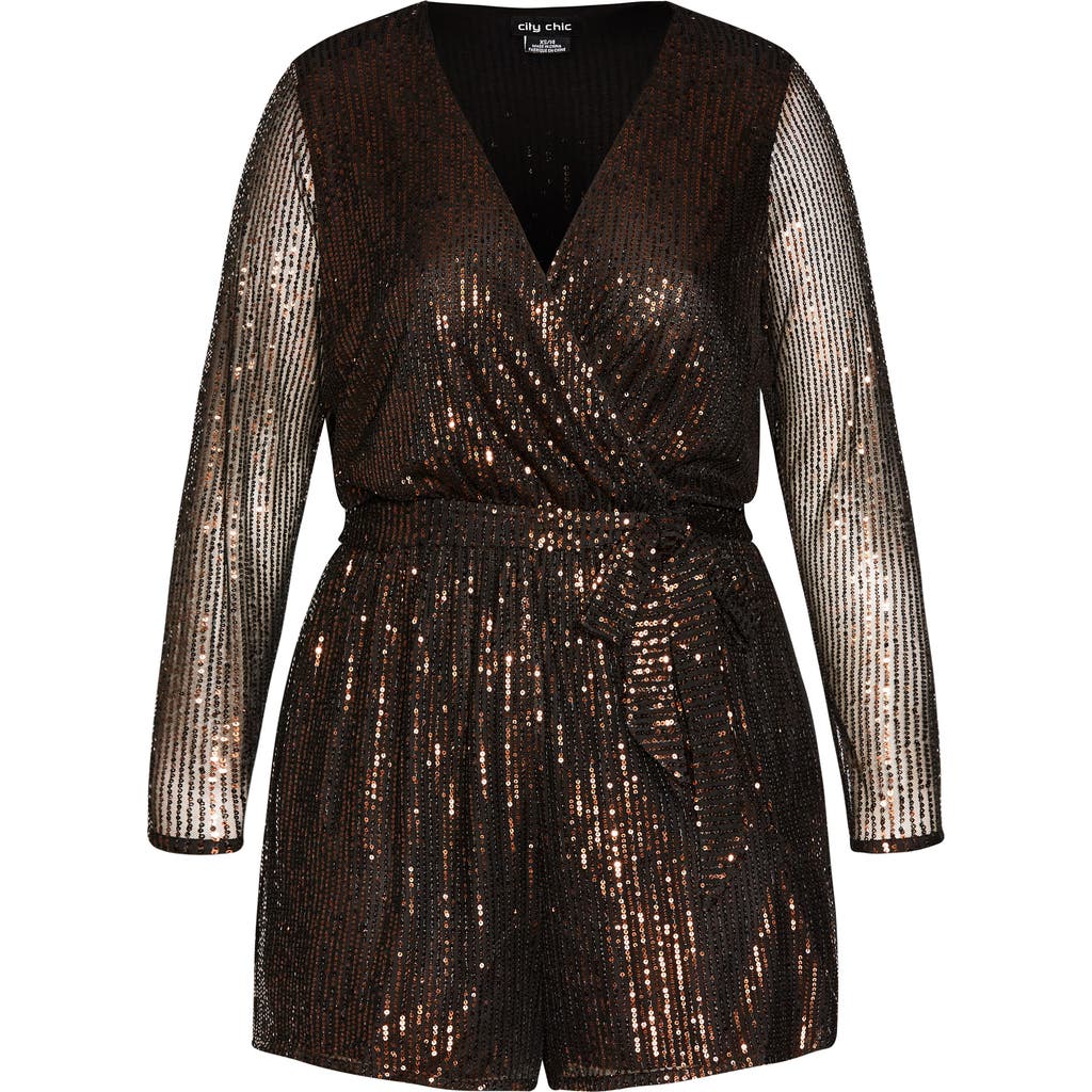 City Chic Long Sleeve Sequin Romper In Multi