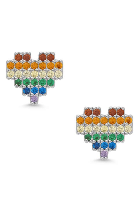 Kids' Rainbow Cubic Zirconia Heart Stud Earrings