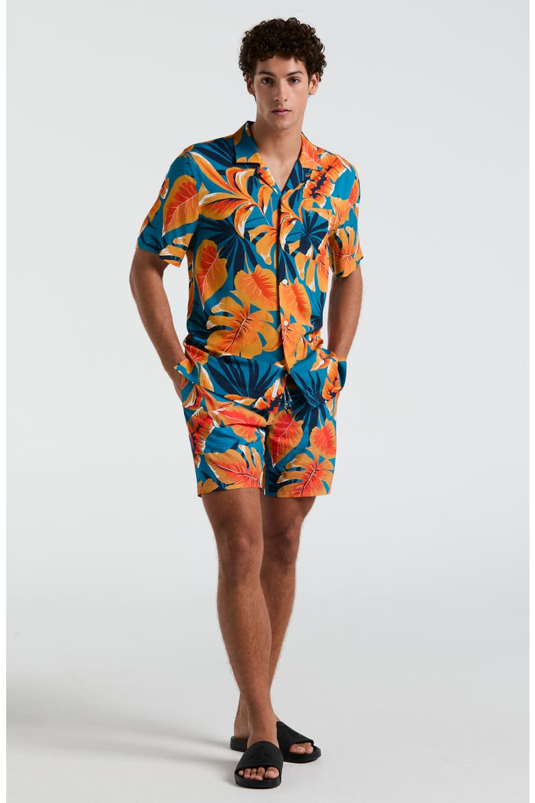 Tropical Leaf Print Viscose Camp Shirt, Alternate, color, MOSAIC BLUE