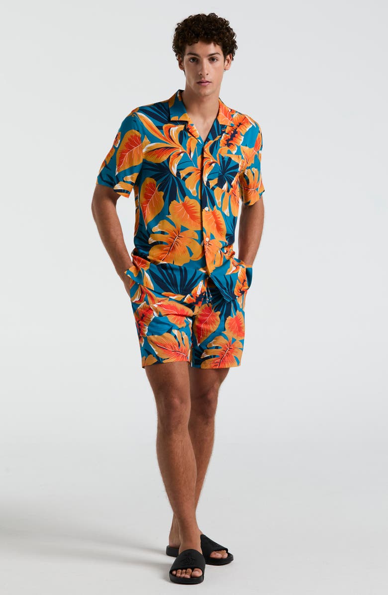 Original Penguin Tropical Leaf Print Viscose Camp Shirt, Alternate, color, Mosaic Blue