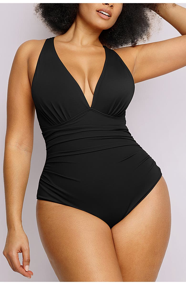 Shapellx Plunge Ruched Cutout One Piece Swimsuit, Alternate, color, Jet Black