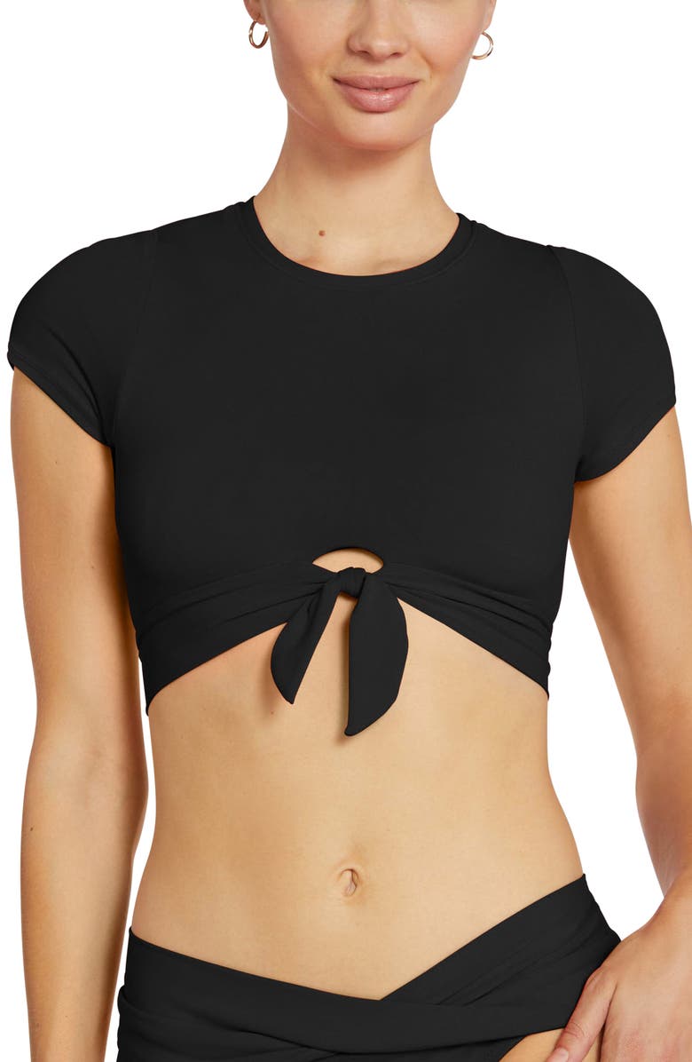 Robin Piccone Ava Knot Front Tee Bikini Top, Main, color, Black