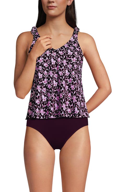 D-Cup Chlorine Resistant V-neck Shoulder Tie Flutter Tankini Swimsuit Top