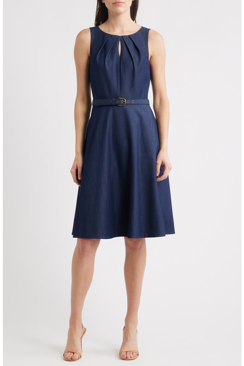 Sleeveless Belted Fit & Flare Dress, Main, color, DENIM