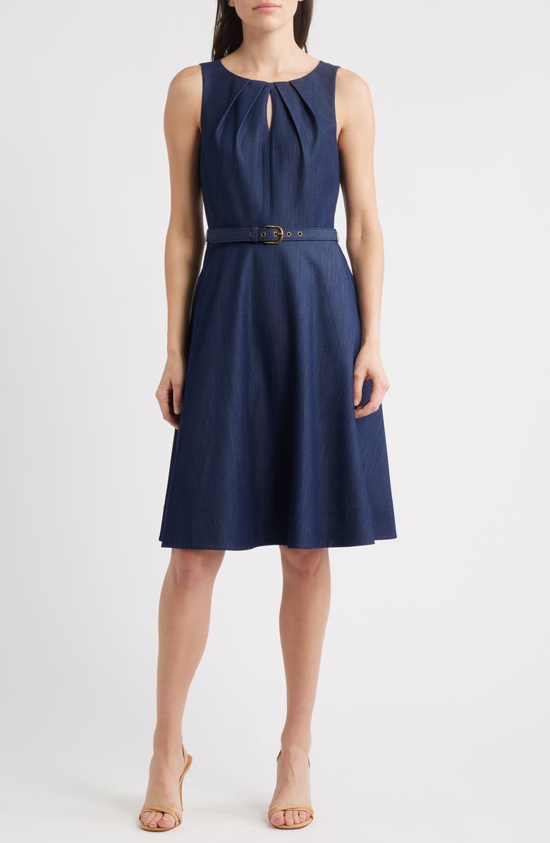 Tahari ASL Sleeveless Belted Fit & Flare Dress, Main, color, Denim