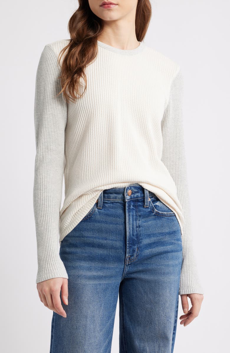 Faherty Apres Colorblock Long Sleeve Waffle Knit Top, Main, color, Egret Varsity