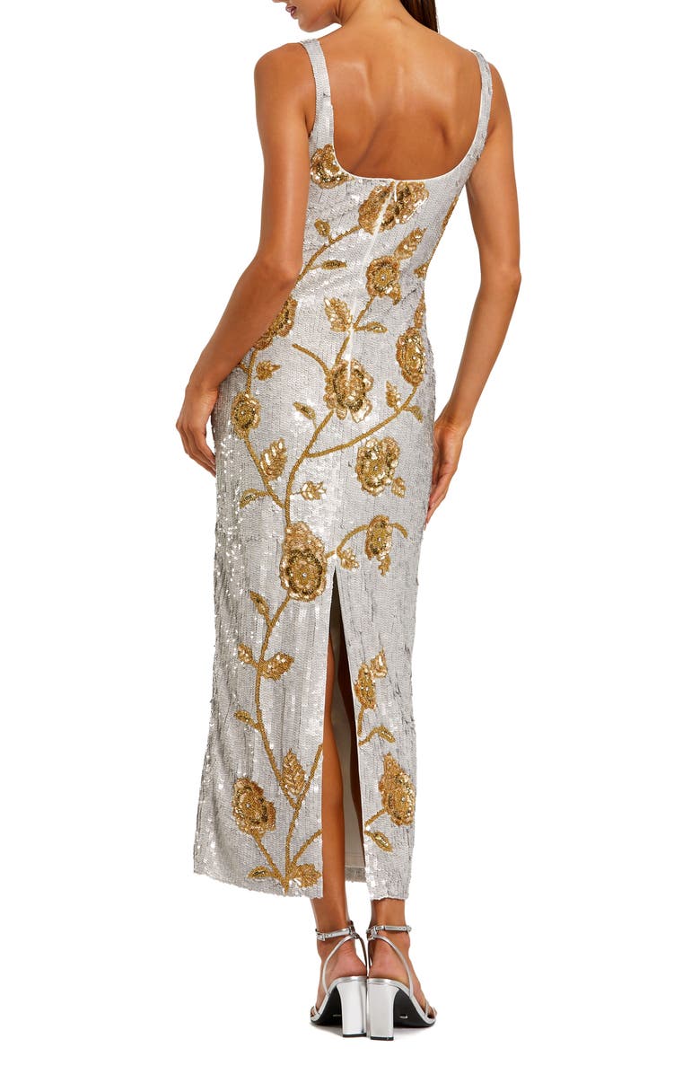 Mac Duggal Embellished Floral Sequin Mesh Midi Dress, Alternate, color, Platinum Gold