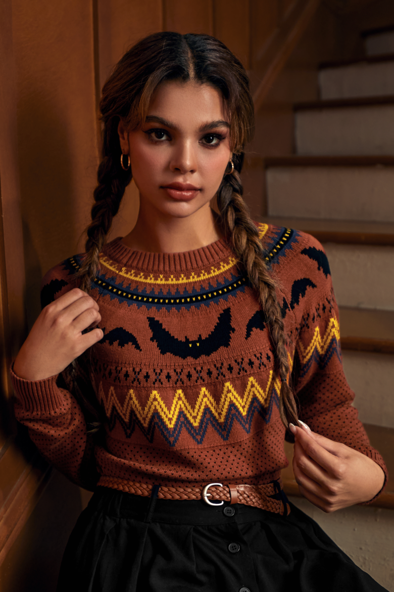 It Be Like Bat Fair Isle Halloween Sweater, Alternate, color, Orange Bats