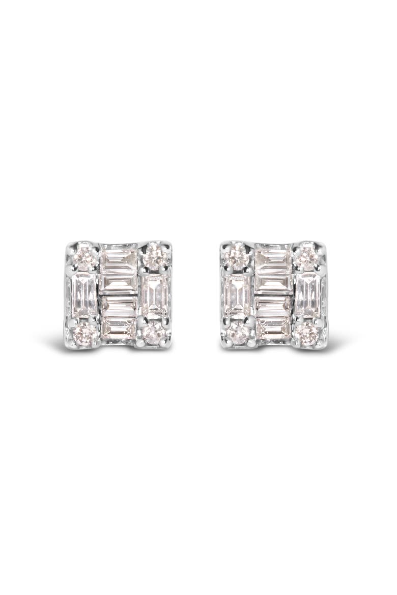 10K White Gold 1/7 Ct Round and Baguette Diamond Mosaic Square Stud Earrings, Main, color, White