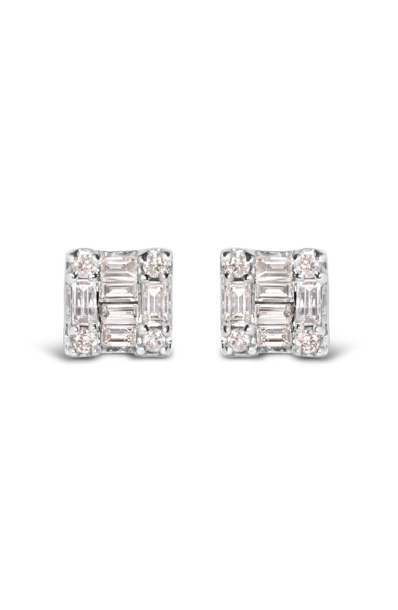 Haus of Brilliance 10K White Gold 1/7 Ct Round and Baguette Diamond Mosaic Square Stud Earrings, Main, color, White