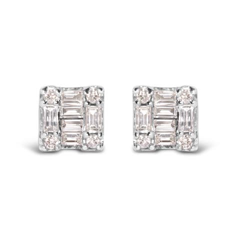 10K White Gold 1/7 Ct Round and Baguette Diamond Mosaic Square Stud Earrings