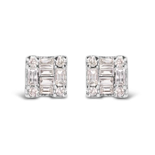 Haus Of Brilliance 10k White Gold 1/7 Ct Round And Baguette Diamond Mosaic Square Stud Earrings