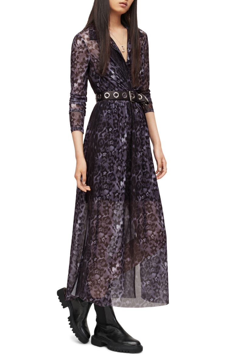 AllSaints Kelda Celia Leopard Star Long Sleeve Mesh Shirtdress, Alternate, color,