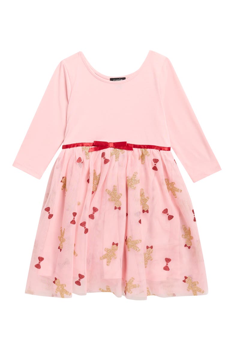 Kids' Gingerbread and Bow Glitter Print Dress, Main, color, PINK