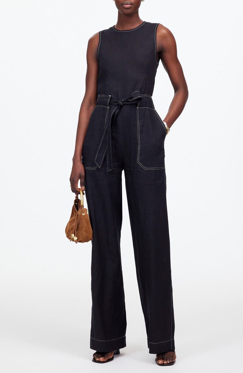 Madewell Contrast Stitch Relaxed Linen Straight Leg Jumpsuit, Main, color,