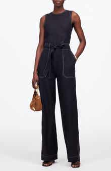 Madewell Contrast Stitch Relaxed Linen Straight Leg Jumpsuit