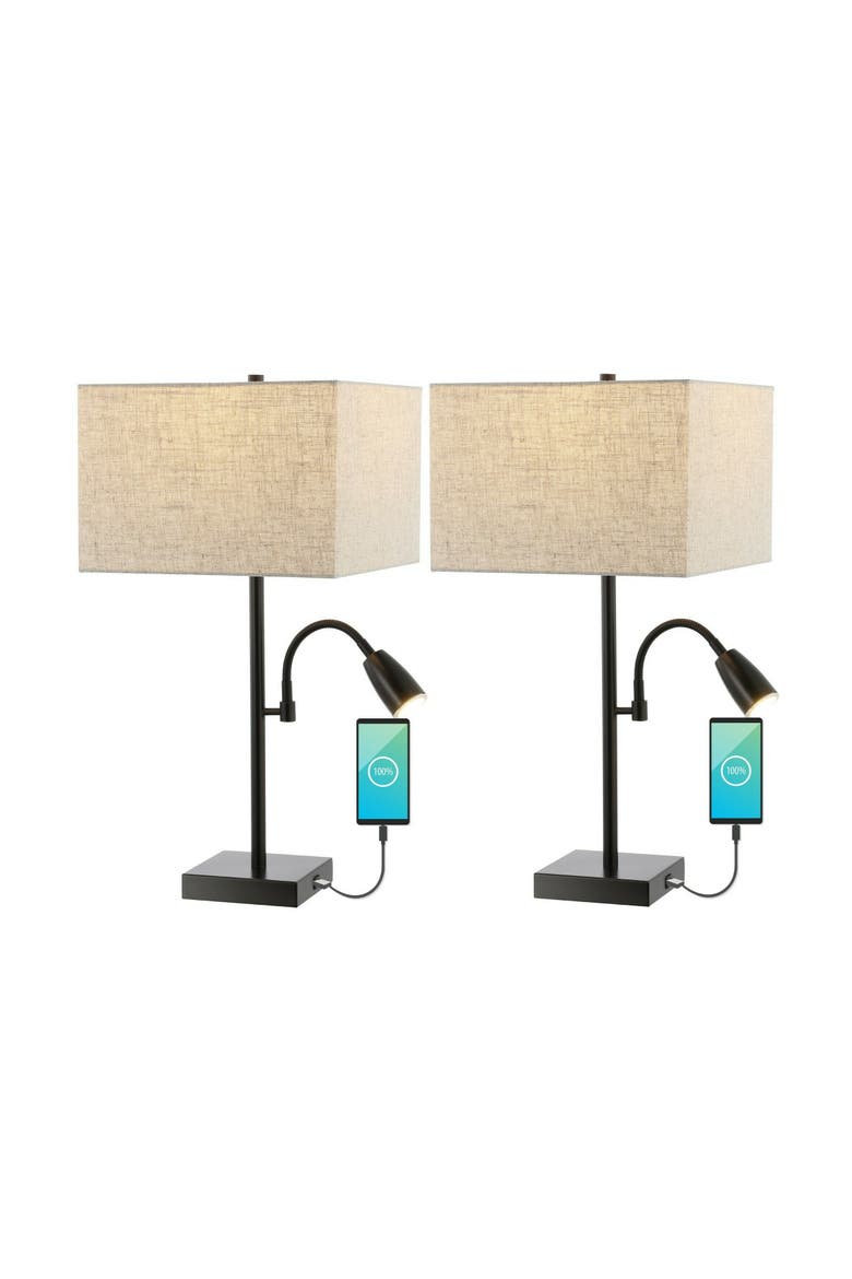 Austin 2-Light Farmhouse Industrial Iron LED Table Lamp with USB Charging Port and Adjustable Reading Light, Main, color, Oil Rubbed Bronze