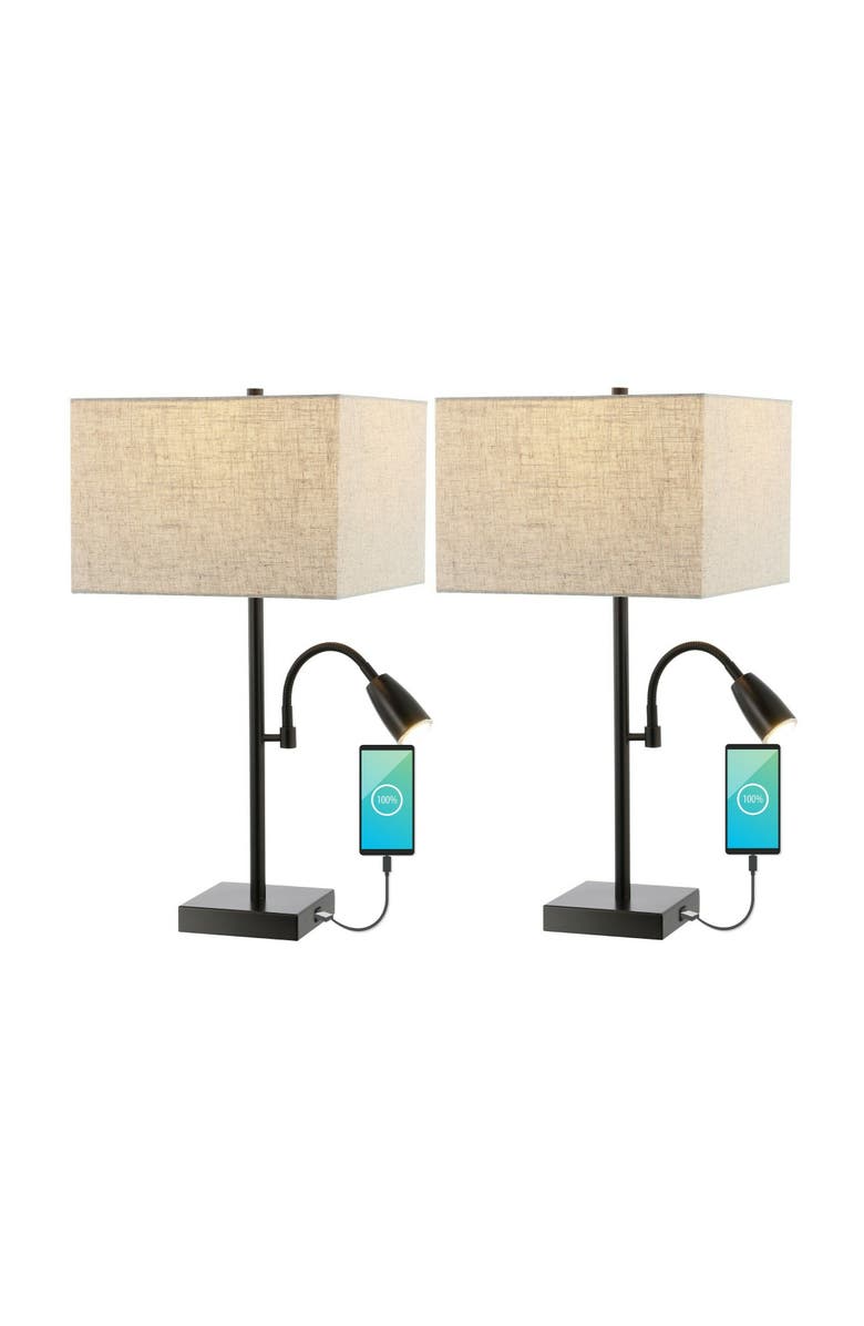 JONATHAN Y Austin 25.5" 2-Light Farmhouse Industrial Iron LED Table Lamp with USB Charging Port and Adjustable Reading Light, Oil Rubbed Bronze, Main, color, Oil Rubbed Bronze