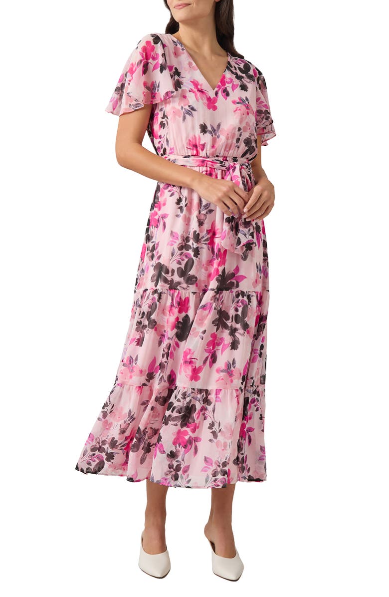 KASPER Flutter Sleeve Smocked Waist Tiered Dress, Main, color, 