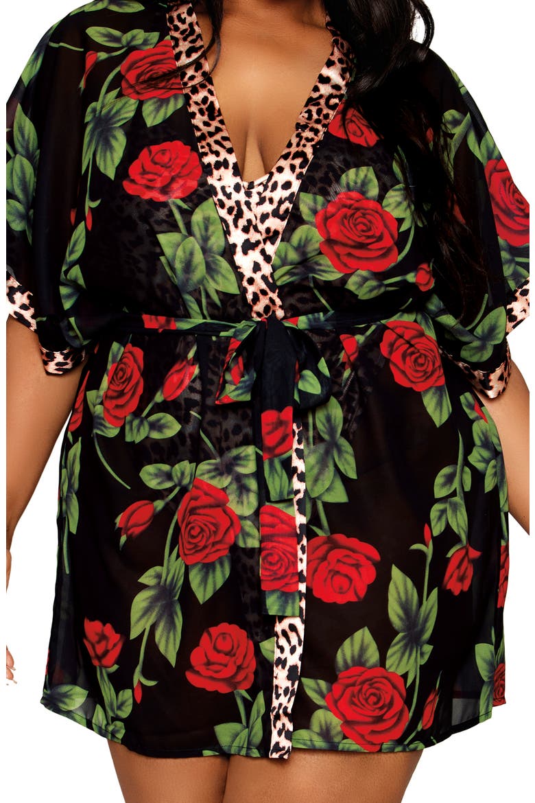 Leopard Print Teddy & Robe Set, Alternate, color, LEOPARD/ ROSE
