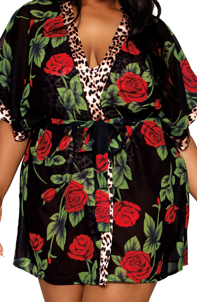 Dreamgirl Leopard Print Teddy & Robe Set, Alternate, color, Leopard/ Rose