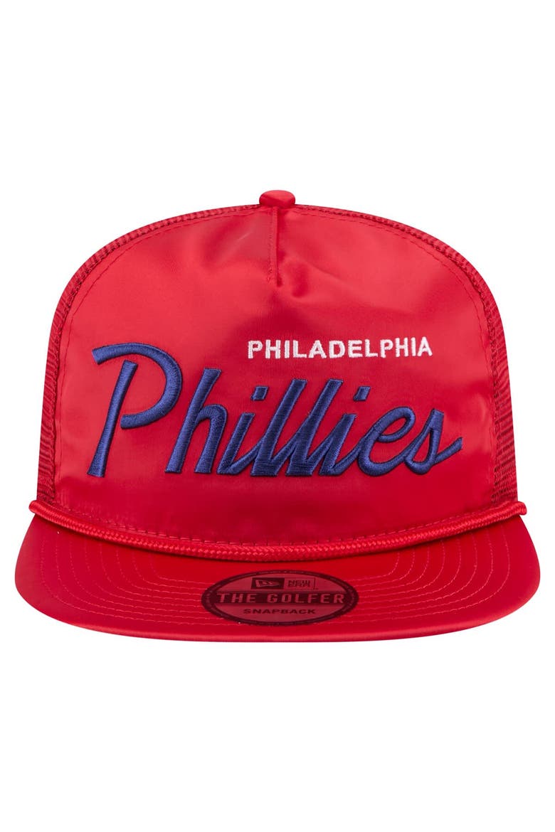 Men's New Era Red Philadelphia Phillies Retro Satin Script Golfer Adjustable Hat, Alternate, color, Red