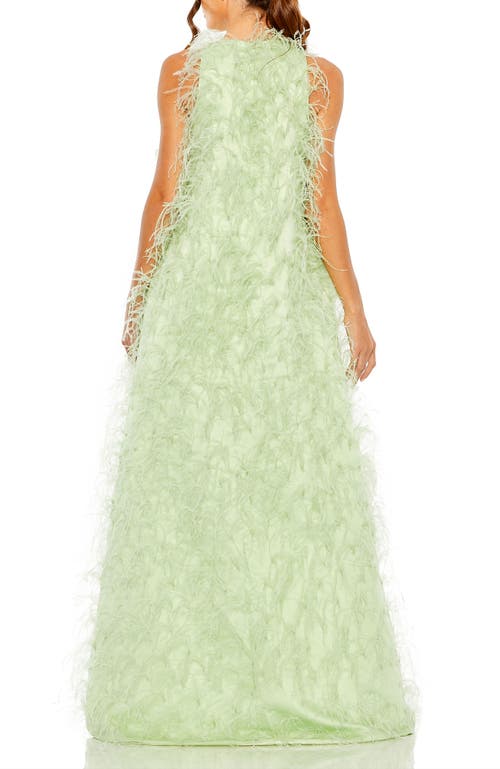 Mac Duggal Sleeveless Feather Embellished Gown In Mint