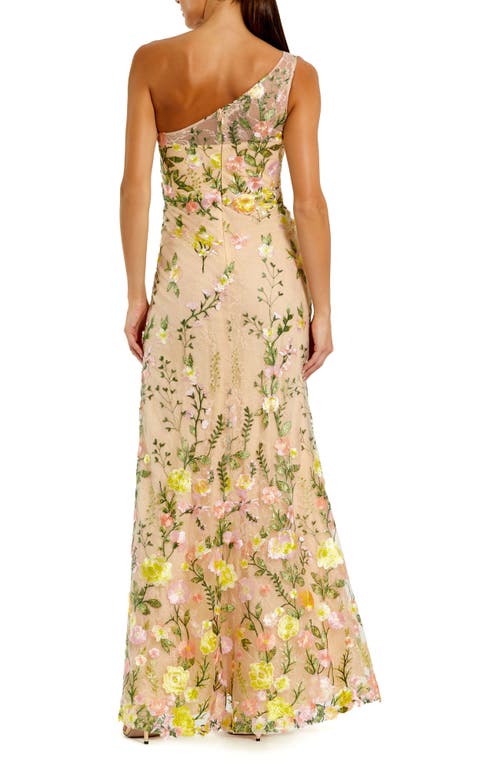 Mac Duggal One Shoulder Lace Embroidered Gown In Yellow Multi