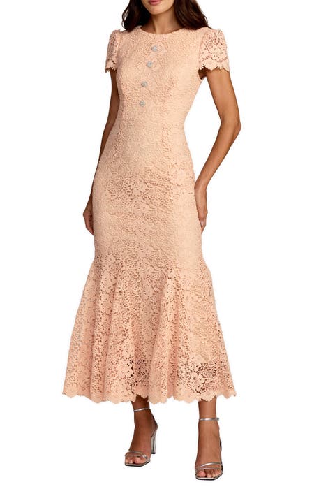 Embroidered Lace Cap Sleeve Midi Dress