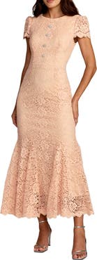 Mac Duggal Embroidered Lace Cap Sleeve Midi Dress