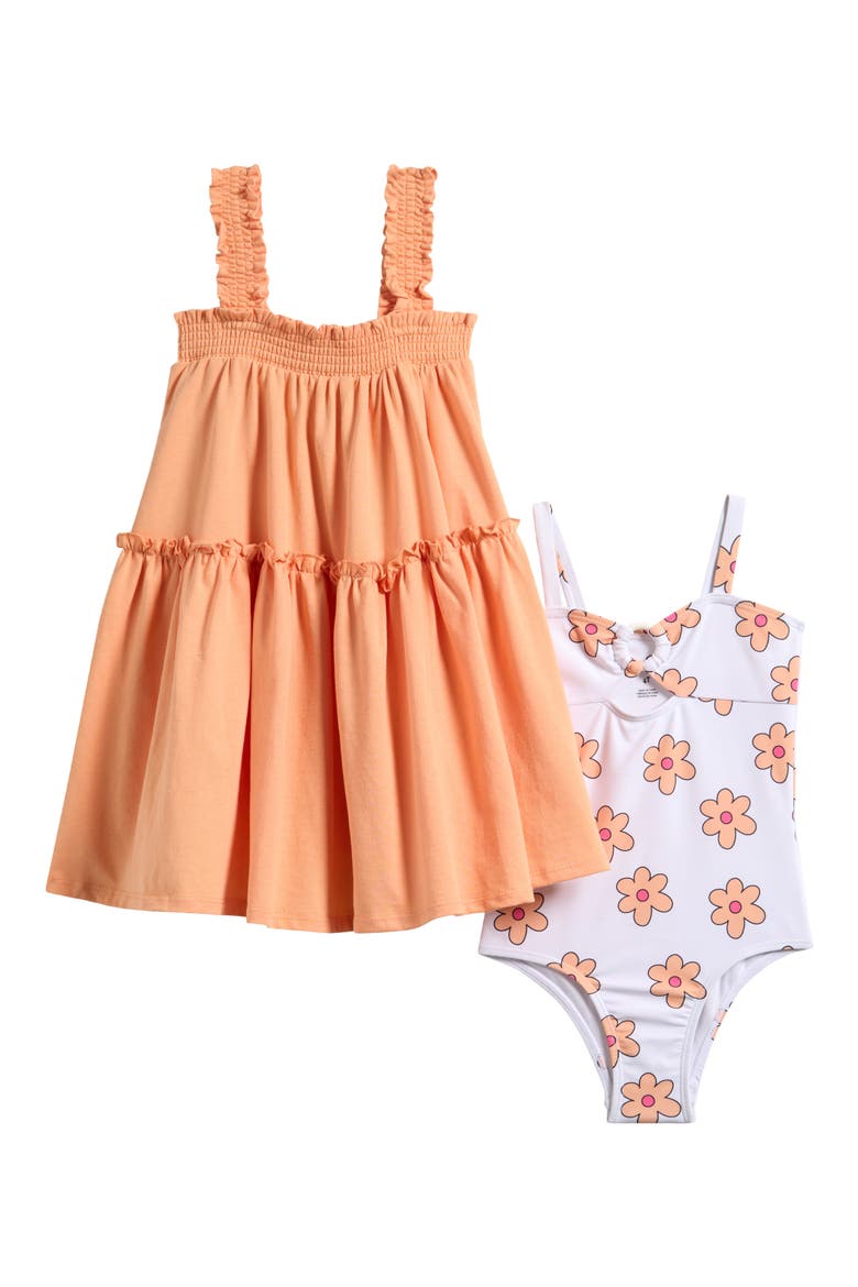 Kids' Floral One-Piece Swimsuit & Cover-Up Dress Set, Main, color, APRICOT