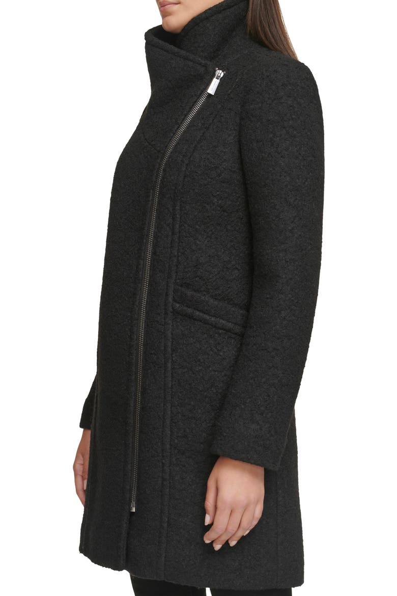 Asymmetric Zip Convertible Collar Bouclé Coat, Alternate, color, BLACK